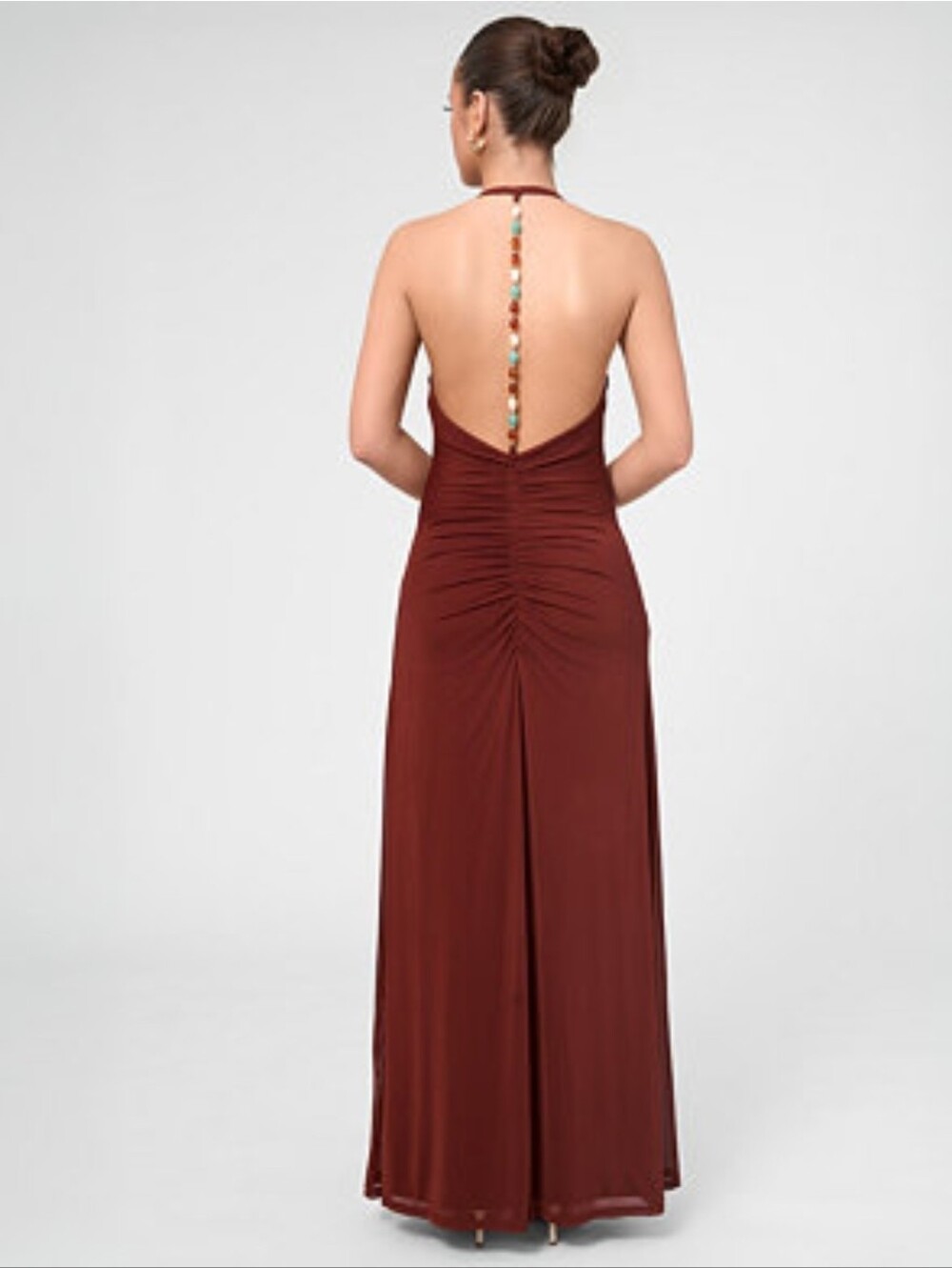 Rachael Roy Backless Halter Brown Beaded Spine Sabella Sleeveless Mesh Size 6-8M